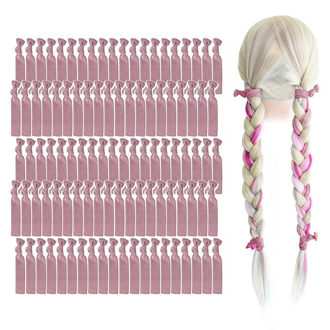 MEEDEE 100 Pack Dusty Rose Color Hair Ties For Women No Crease Soft Elastic Ribbon No Damage Pink Hair Ties Dusty Rose Knotted Ouchless Hair Ribbon Yoga Hair Ribbons Elastic Bracelets