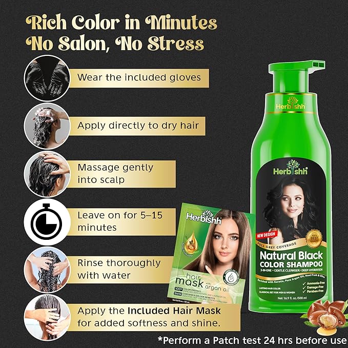 Herbishh Hair Color Shampoo for Gray Hair – Natural Hair Dye Shampoo – Colors Hair in Minutes – Lasts Up To 3-4 Weeks – 500ML – 3-In-1 Hair Color – Colors, Cleanses, and Conditions (Black)