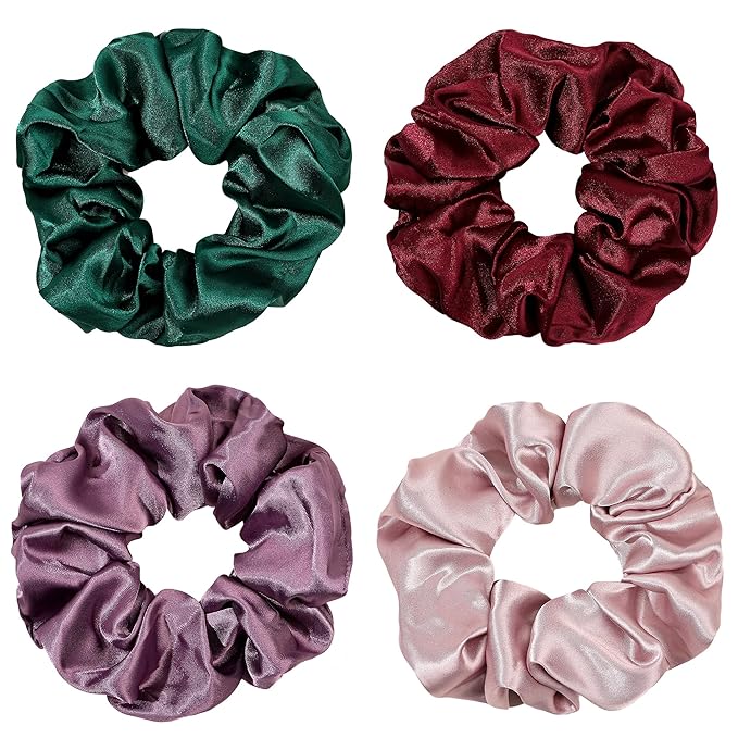 Silk Scrunchies for Girls and Women - Cute Hairties for Thick, Curl, or Fine Hair, No Crease Soft Hair Accessories, Ponytail Holders (Burgundy, Purple, Pink, Green)