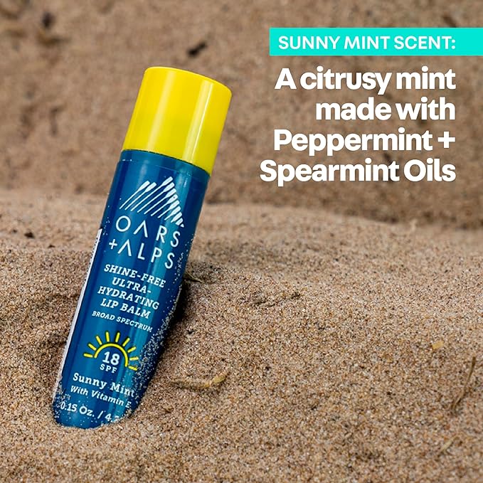 Oars + Alps Lip Suncreen, SPF 18 Lip Balm, Shine Free Sunscreen for Lips, Infused with Vitamin E, Peppermint & Spearmint, Water & Sweat Resistant, Moisturizing, Hydrating, Sunny Mint Scent, 3pk