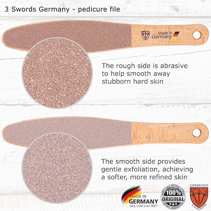 3 Swords Germany Brand Quality Foot File Made from German Beech Wood, Two-Sided Smooth and Rough, Hard Skin Callus Removal