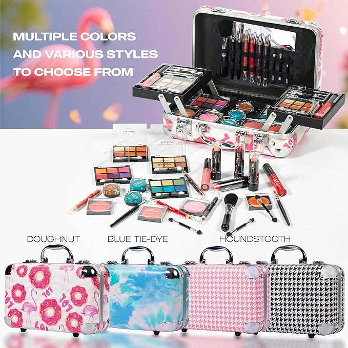 Hot Sugar All In One Makeup Set for Adults and Girls-Full Makeup Kit for Beginners Includes Eye Shadow Palette Blush Lip Gloss Lipstick Lip Pencil Eye Pencil Brush Mirror (Blue Tie-Dye)