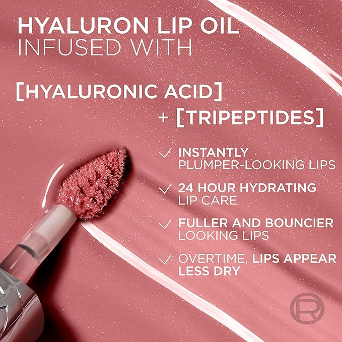 L'Oreal Paris Plump Ambition Hyaluron Lip Oil, 24 HR Lip Gloss with Hyaluronic Acid, Volumizing Formula with Glass-Like Shine, Latte Glace 641, 0.16 Fl Oz