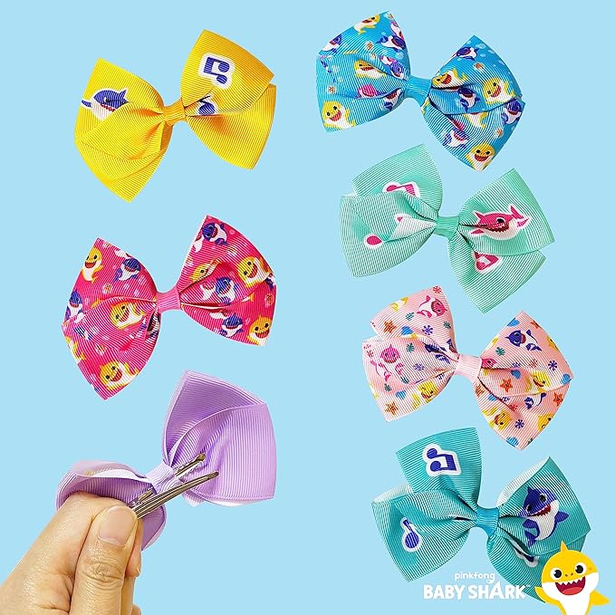 Baby Shark Kids Hair Bows - Hair Accessories Gift Set - 7 Pcs 4 Inch Bundle for Girls - Different Character on each Clip - Alligator Clip - Ages 3 +