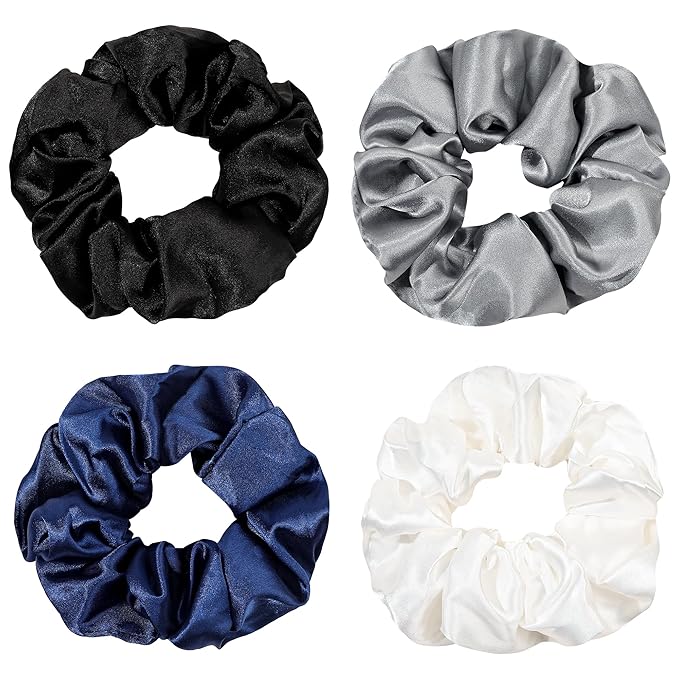 Ivyu Scrunchies, 4 Pack Silk Scrunchy for Girls Women Cute Hairties Hair Accessories Soft Ropes Ponytail Holder, White, Black, Navy, Gray