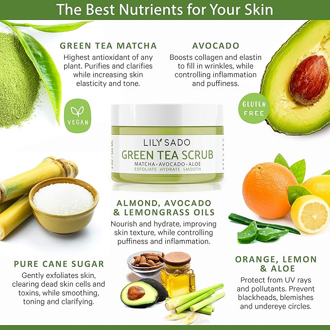 LILY SADO MATCHA MADE IN HEAVEN™ Sugar Facial Scrub - Best Daily Facial Exfoliating Cleanser for Women & Men - Vegan Face Wash Exfoliates Skin, Treats Acne, Reduces Pore Size - 4 oz