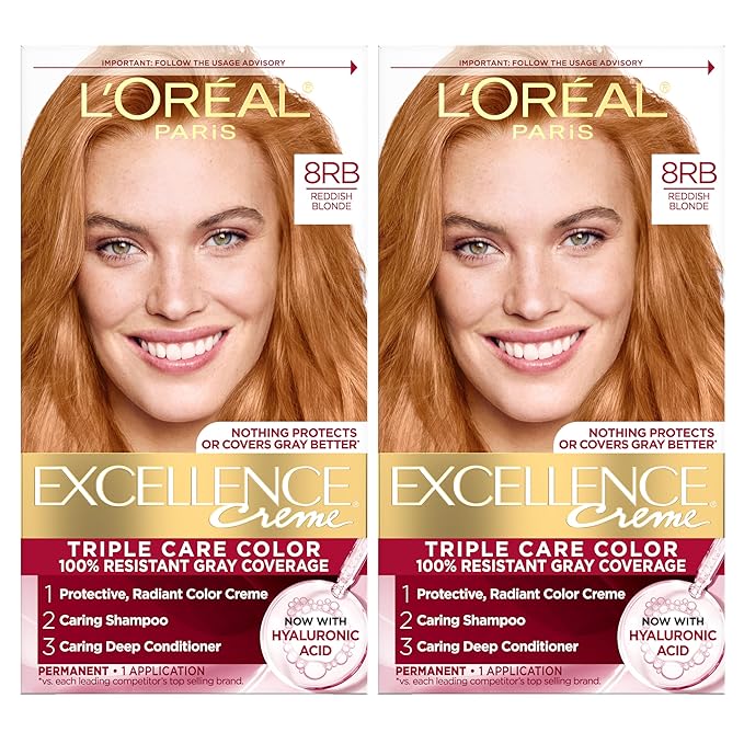 L'Oreal Paris Excellence Crème Permanent Hair Dye, Triple Care Hair Color with Pro-Keratine Complex for 100% Gray Hair Coverage, 8RB Reddish Blonde, 1 Kit (Pack of 2)