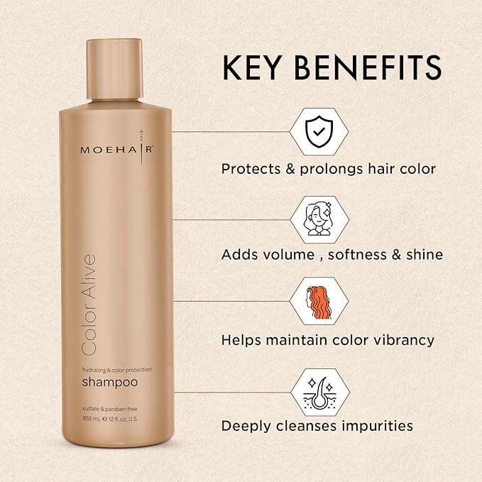 MOEHAIR Color Alive Shampoo | Moisturizing & Hydrating | Shampoo for Color-Treated Hair | Paraben & Sulfate-Free | Rich in Safflower Oil & Castor Oil | Controls Frizz (12 Fl. Oz)