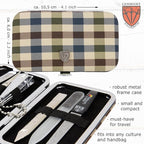 3 Swords Germany - Brand Quality 6 Piece Manicure Pedicure Grooming kit Set - Scissors, Metal and Glass Nail File, Clipper, Tweezers with Synthetic Leather case - Chequered