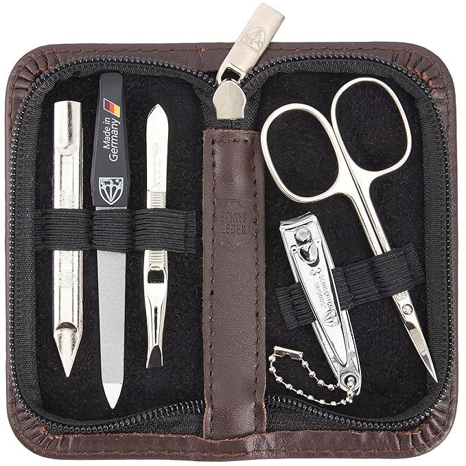 3 Swords Germany - brand quality 5 piece manicure pedicure grooming kit set for professional finger & toe nail care scissors clipper genuine leather brown case in gift box, Made in Germany