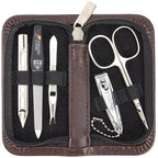 3 Swords Germany - brand quality 5 piece manicure pedicure grooming kit set for professional finger & toe nail care scissors clipper genuine leather brown case in gift box, Made in Germany