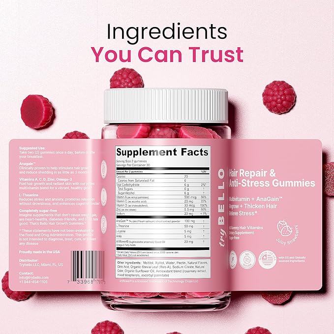 Trybello Hair Growth & Anti-Stress Gummies for Women | Powered by AnaGain — Plant-Based Biotin | Sugar-Free, Vegan Hair Supplements | Gluten-Free Gummy Vitamins for Thicker Healthier Hair | 60 Gummies