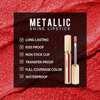Dark Red Lipsticks for Women Metallic Lipstick Long Lasting Non Stick Cup Lip Gloss, Metal Shine Lightweight Hydrating Full Coverage Lip Color, DP104 Impassion