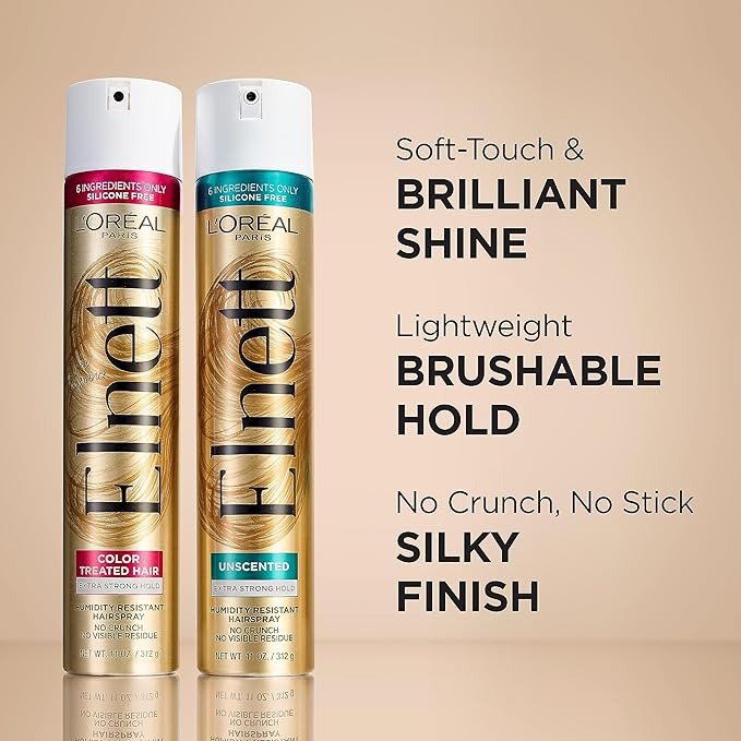 L'Oreal Paris Hair Care Elnett Satin Extra Strong Hold Hairspray For Color Treated Hair, Long Lasting Plus Humidity Resistant Hair Spray, 11 oz, (Pack of 2)