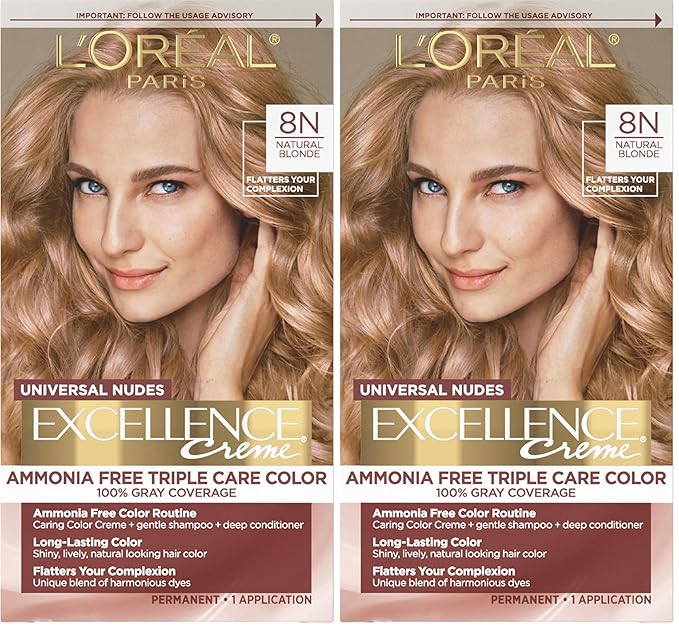 L’Oreal Paris Excellence Universal Nudes Permanent Hair Color, Ammonia Free Hair Dye for Gray Hair Coverage, 8N Natural Blonde, 1 Hair Dye Kit (Pack of 2)