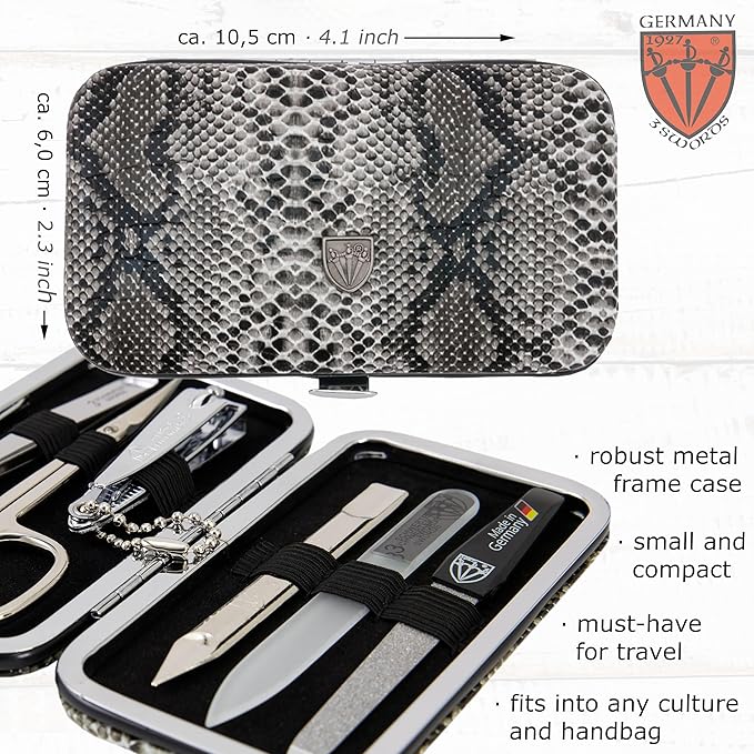 3 Swords Germany - Brand Quality 6 Piece Manicure Pedicure Grooming kit Set - Scissors, Metal and Glass Nail File, Clipper, Tweezers with Synthetic Leather case - Snake