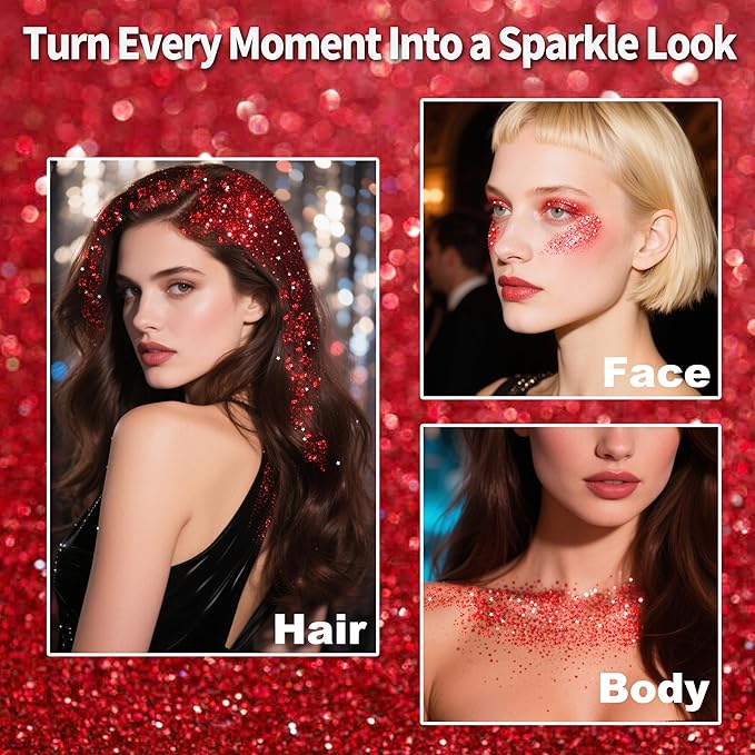 MEICOLY Red Face Body Glitter Stick,Hair Glitter Stick for Women,Sparkle Chunky Glitter Makeup for Halloween Mardi Gras,Waterproof Face Glitter for Party Rave Festival