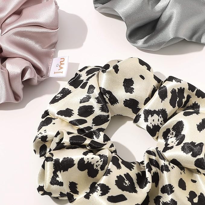 Silk Hair Ties for Girls and Women: Chic Satin Scrunchies, Large and Cheetah Print, Soft Ponytail Holders for Thick and Curly Hair - No Creases, Gentle on Hair