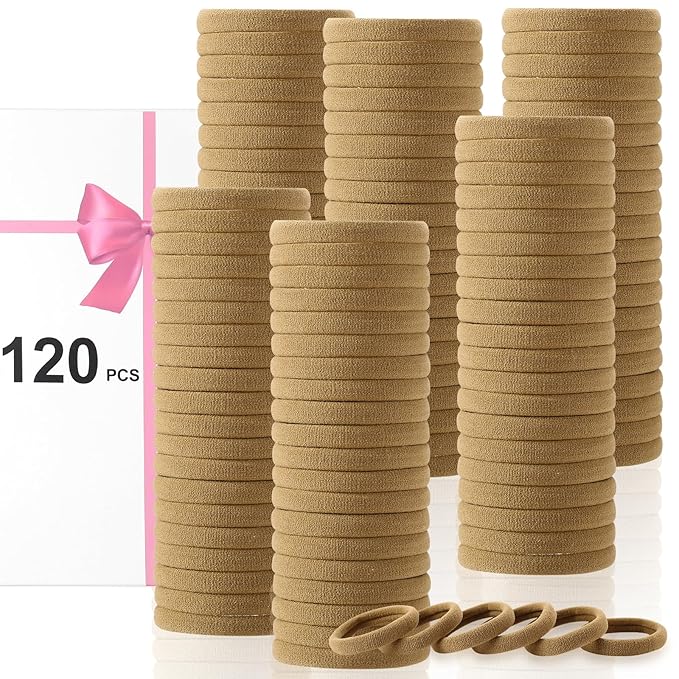 LuSeren 120 Pcs No Damage Hair Ties for Thick Hair, Large Soft Seamless Nylon Hair Elastics for Women, Ponytail Holders, Hair Accessories – Light Brown