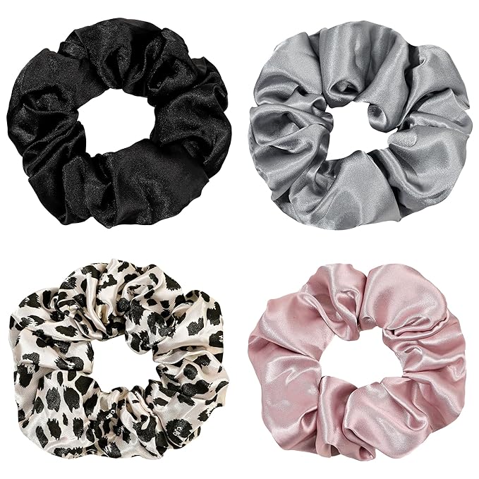 Silk Hair Ties for Girls and Women: Chic Satin Scrunchies, Large and Cheetah Print, Soft Ponytail Holders for Thick and Curly Hair - No Creases, Gentle on Hair