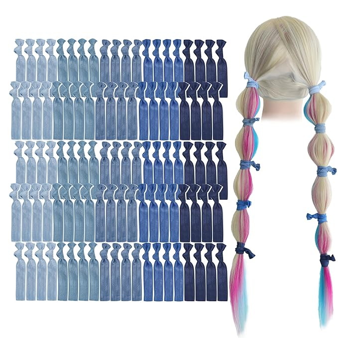 MEEDEE 100 Pack Dusty Blue Shades Hair Ties For Women No Crease Soft Elastic Ribbon No Damage Blue Color Palettes Hair Ties Knotted Ouchless Hair Ribbon Yoga Hair Ribbons Elastic Bracelets
