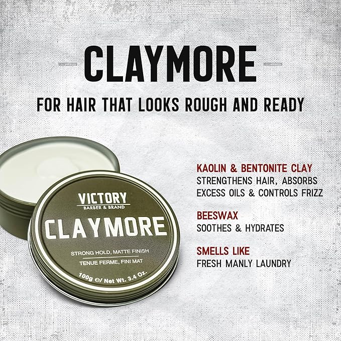 Victory Barber & Brand Claymore hair pomade for men | Strong Hold Matte Finish Men's Clay Pomade | made in usa | Designed by barbers, made for the rugged | Texturizing & Styling Clay 3.1 Oz