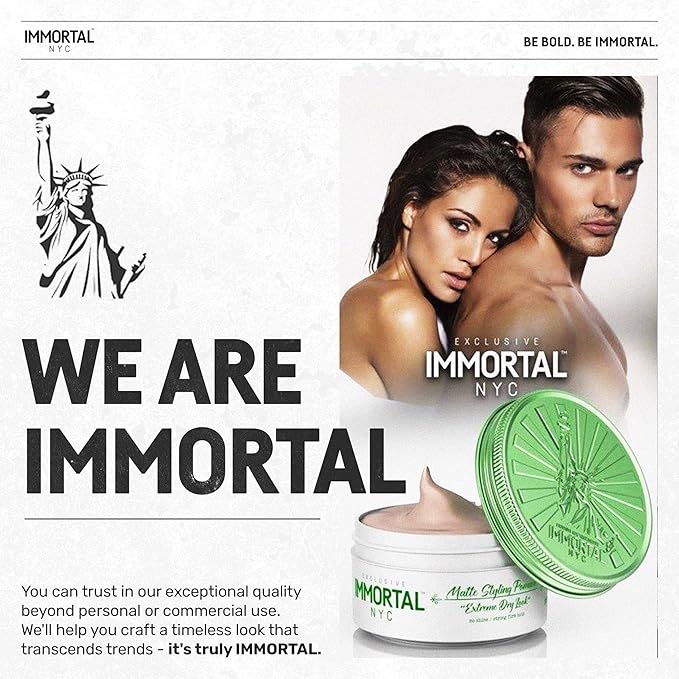 Immortal NYC Matte Styling Extreme Dry Look Pomade - 7 out of 9 Holding Ability, Matte Finish - All Natural Water-Based Hair Wax for Men - No Residue, All Hair Types