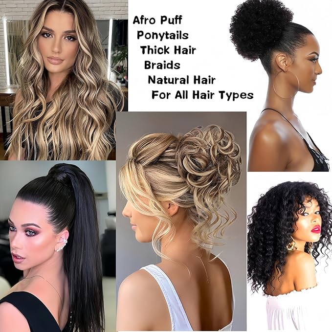 6 Pcs Black Adjust Afro Puff Hair Tie, Adjustable Hair Ties, Thick Black Hair Band, Silk Soft Ponytail Holders, Perfect for Medium Hair to Thick Thin Hair, Heavy and Curly Hair (deep black)