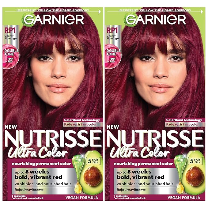 Garnier Hair Color Nutrisse Ultra Color Nourishing Creme, RP1 Dark Intense Pink Red (Cherry Flamingo) Permanent Hair Dye, 2 Count (Packaging May Vary)