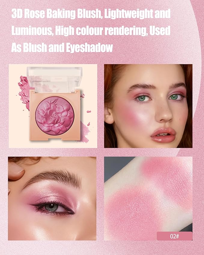 Baked Powder Blush, Lightweight Shimmery Highlight Blusher for Cheeks, Silky Smooth and Blendable Powder Blush Palette, Long-lasting All-Day Face Enhancing Makeup Color, Makeup Gift for Women Girls-02
