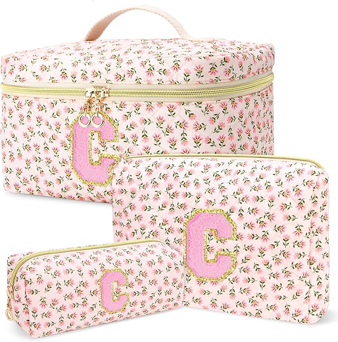 3 PCS Travel Makeup Bag Set, A–Z Initials Cotton Quilted Cosmetic Bag for Women & Preppy, Personalized Toiletry Bag Travel Accessories Makeup Brushes Organizer, Valentine’s Day & Birthday Gift for Her