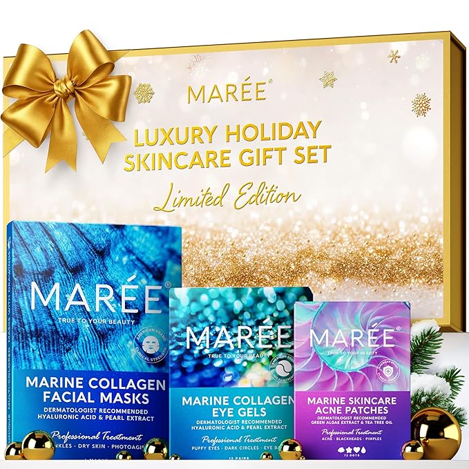 MAREE Holiday Skincare Gift Set — Under Eye Patches, Collagen Face Mask & Cute Pimple Patches for Face — Christmas Gifts & Stocking Stuffers for Women and Men — Top Christmas Gifts for Mom & Coworkers