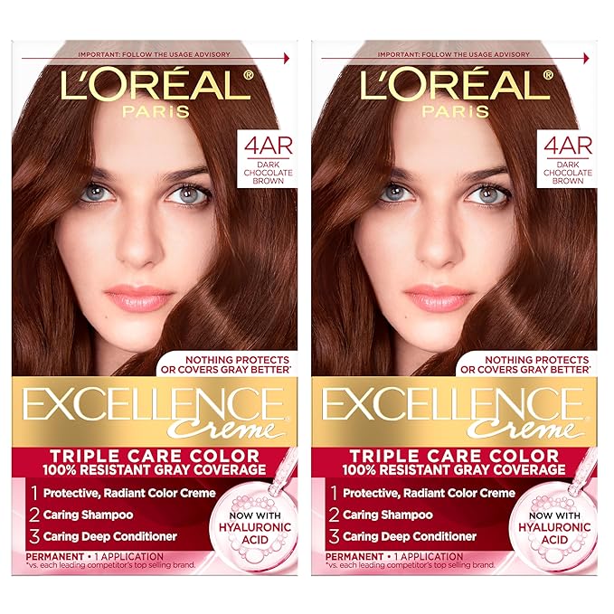 L'Oreal Paris Excellence Crème Permanent Hair Dye, Triple Care Hair Color with Pro-Keratine Complex for 100% Gray Hair Coverage, 4AR Dark Chocolate Brown, 1 Kit (Pack of 2)