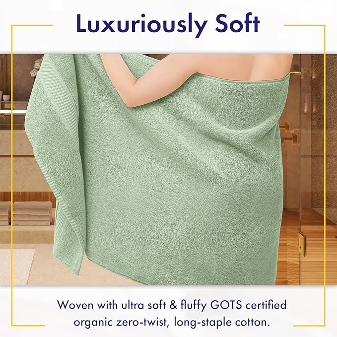 100% Organic Luxury Bath Sheets - GOTS Certified - Extra Large 35x70 Inches (Pack of 2) Zero-Twist, Long-Staple Cotton Bath Sheet Set (Eucalyptus Green)