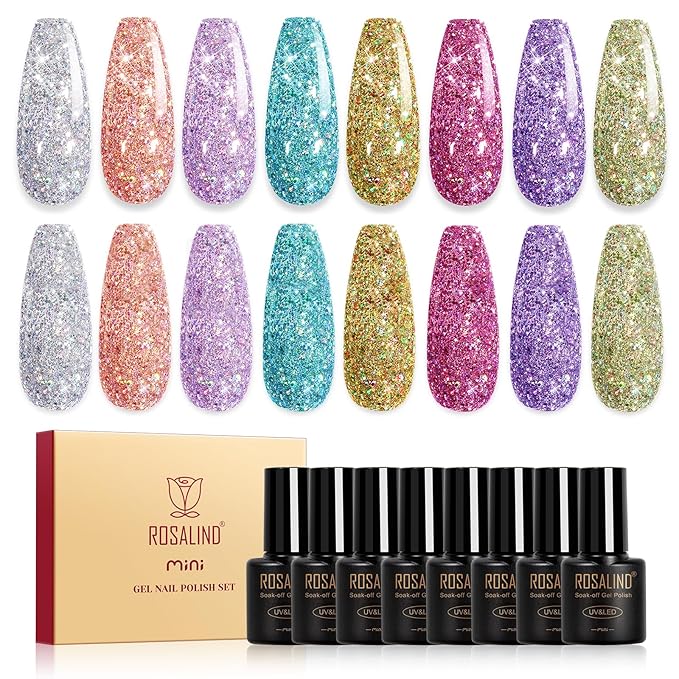 ROSALIND Glitter Gel Nail Polish, 8 Color Gold Glitter Gel Polish Sparkle Diamond Effect Sparkling Collection Soak Off Led Nail Art DIY Salon Gifts For Women