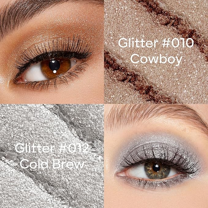 KYDA 2 Colors Single Glitter Eyeshadow, Champagne Pearl Glow and Metallic Silver Shades, Shimmer Pearl Eyes Shadow, Ultra-fine Lightweight Powder, Sparkling Pressed Eyeshadow, Cowboy+Cold Brew