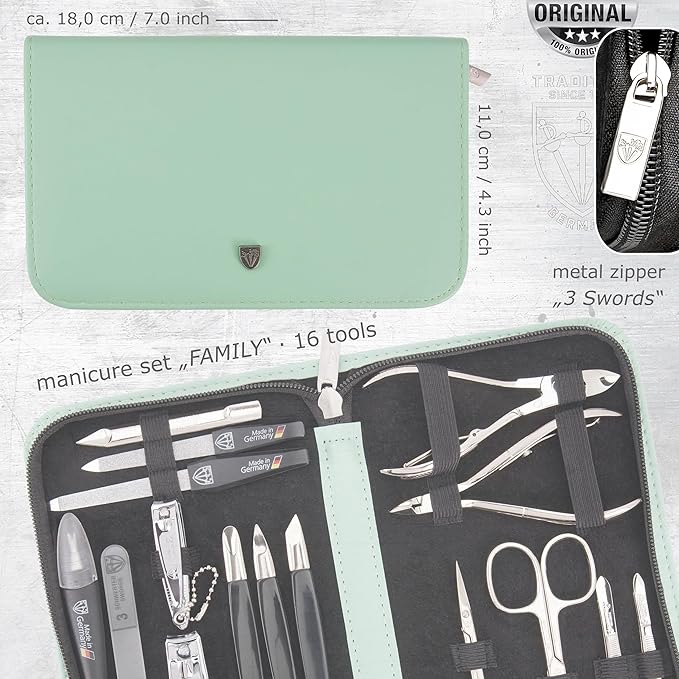 3 Swords Germany - brand quality 16 piece manicure pedicure grooming kit set fashion leather case mint, Made in Germany