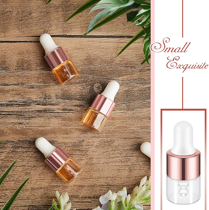 200 Pcs Mini Glass Oil Dropper Bottle Bulk, Clear Essential Small Empty Bottles Sample Containers Perfume Liquid Vials with Cap for Traveling (1 ml,Rose Gold)