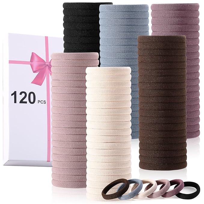LuSeren 120PCS Soft Hair Ties for Women – No Damage Ouchless Nylon Hair Accessories, Seamless Fabric Ponytail Holders for Daily Use (Natural Colors)