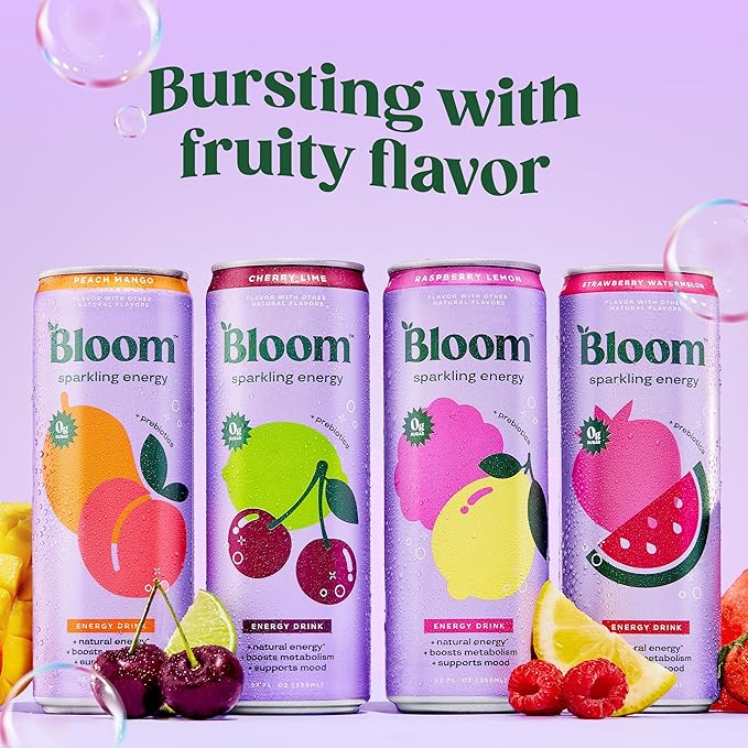 Bloom Nutrition Sparkling Energy Drink, Variety Pack | Zero Sugar | 180mg Caffeine | Antioxidant-Rich | 24 Pack