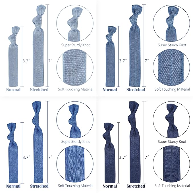 MEEDEE 100 Pack Dusty Blue Shades Hair Ties For Women No Crease Soft Elastic Ribbon No Damage Blue Color Palettes Hair Ties Knotted Ouchless Hair Ribbon Yoga Hair Ribbons Elastic Bracelets