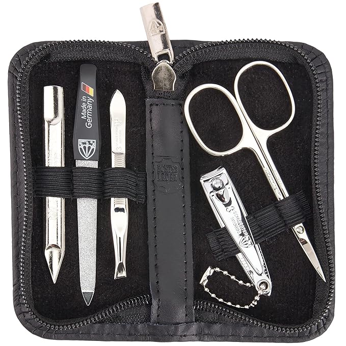 3 Swords Germany - brand quality 5 piece manicure pedicure grooming kit set for professional finger & toe nail care scissors clipper genuine leather black case in gift box, Made in Germany