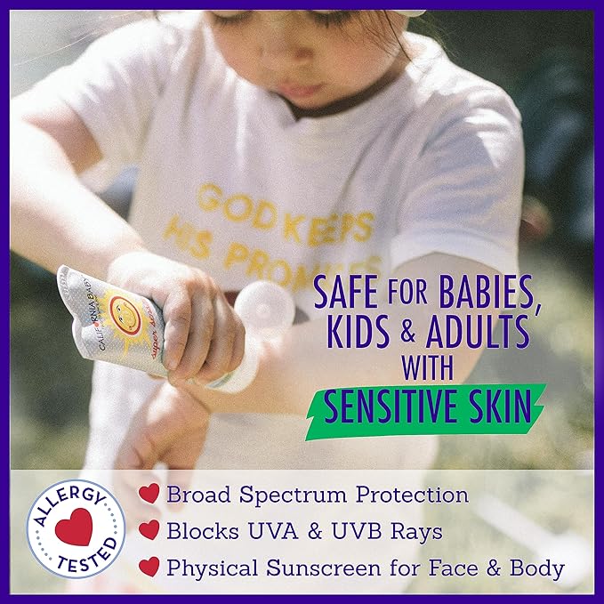 California Baby Super Sensitive SPF 30+ Sunscreen | Unscented | Mineral Based | Titanium Dioxide | Travel Size Baby Sunscreen for Face + Body | 2.9oz