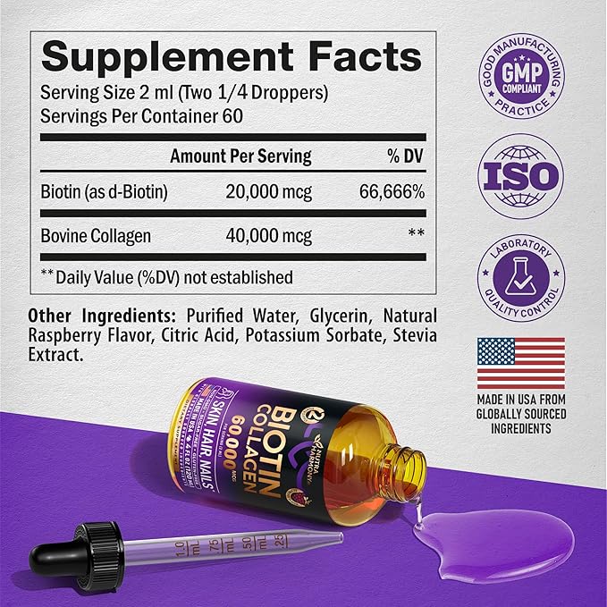 Liquid Biotin & Collagen 60,000 mcg - Vitamins for Hair Growth Support - Extra Strength Drops for Women & Men - Liquid Collagen Supplement - Strong Nails & Healthy Skin - Made in USA - 4 Fl Oz