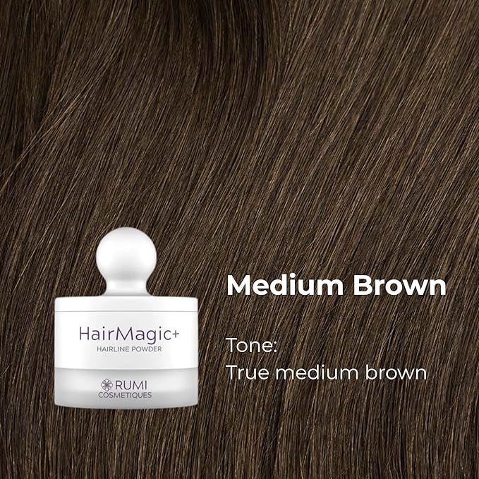 Rumi Cosmetiques HairMagic+ Root Touch Up Powder – Instant Gray Hair Coverage & Hairline Filler – Water-Resistant, Natural Finish, Nourishing Formula with Argan Oil & Vitamin E (Medium Brown)