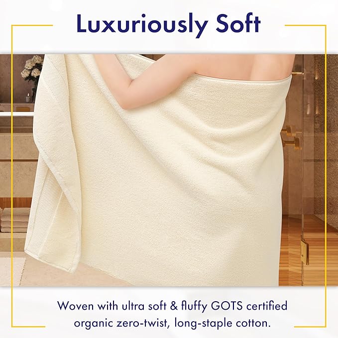 100% Organic Luxury Bath Sheets - GOTS Certified - Extra Large 35x70 Inches (Pack of 2) Zero-Twist, Long-Staple Cotton Bath Sheet Set (Papyrus)