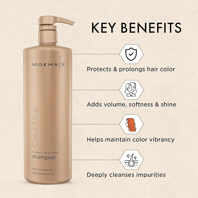 MOEHAIR Color Alive Shampoo | Moisturizing & Hydrating | Shampoo for Color-Treated Hair | Paraben & Sulfate Free | Rich in Safflower & Castor Oil | Controls Frizz (32 Fl. Oz)