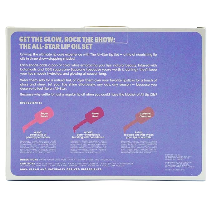 Handmade Heroes 100% Natural Vegan Lip Oil with Squalane Non-Sticky Lip Gloss Moisturizing, Shiny, Nourishing Korean Lip Gloss Lip Treatment Christmas Gifts - Pack of 3