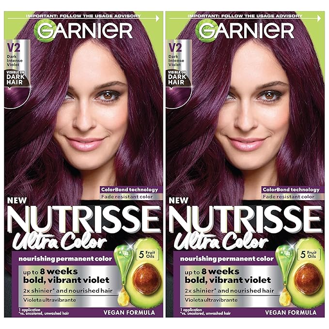 Garnier Hair Color Nutrisse Ultra Color Nourishing Creme, V2 Dark Intense Violet (Spiced Plum) Purple Permanent Hair Dye, 2 Count (Packaging May Vary)
