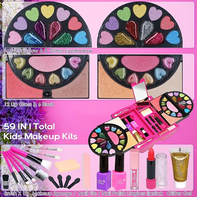 Kids Makeup Kit for Girl - 59 PCS Real and Safe Make up for Kids Girls, Washable Little Girls Makeup, Princess Toy Makeup Kit for Children, Girls Toys Age 4-12, Birthday Christmas Gifts for Girls